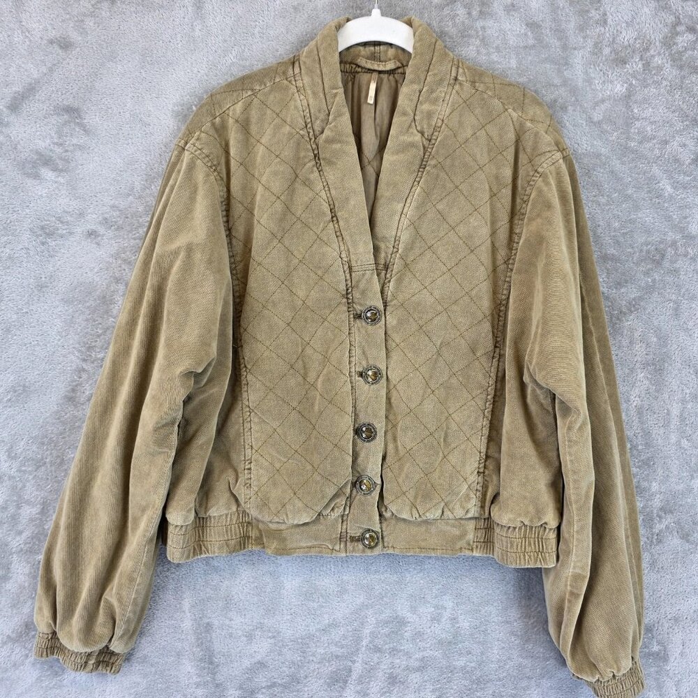Free People Jacket Womens XS Khaki Quilted Button Front Bomber Elastic Hem Tan